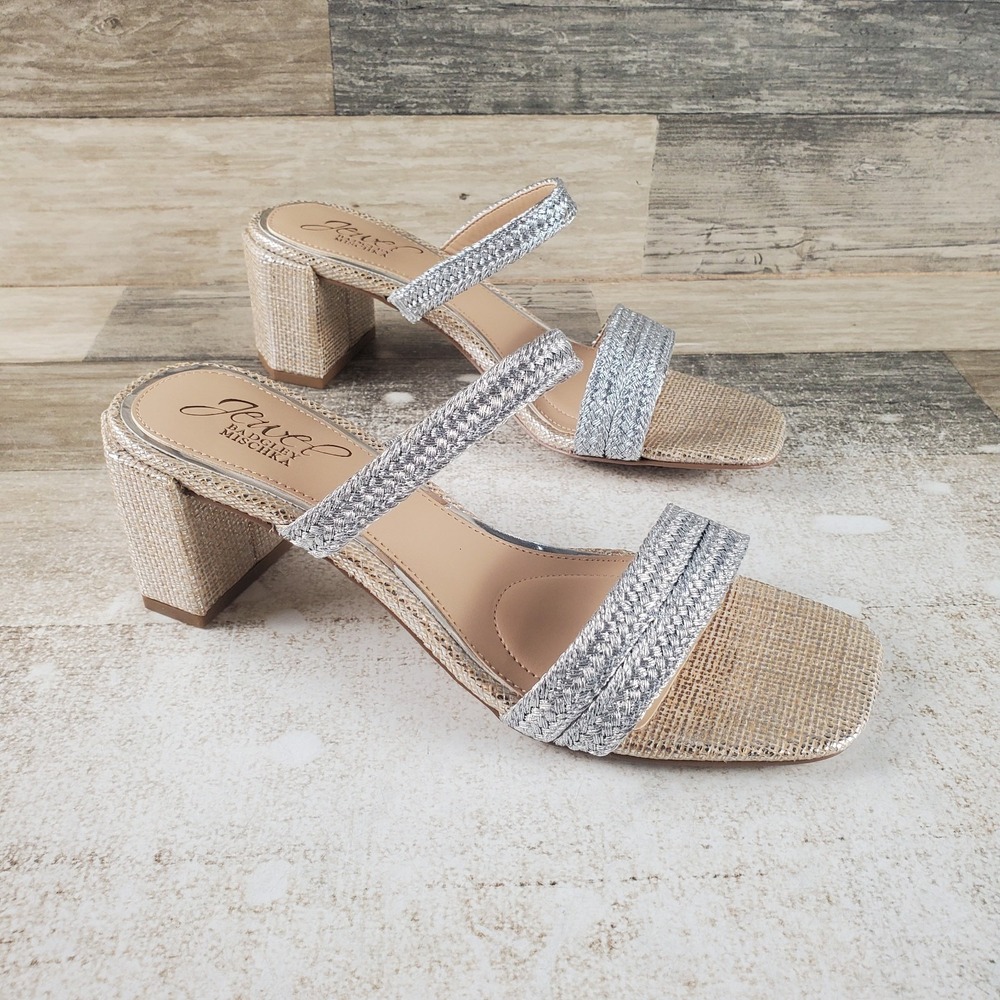 Jewel Badgley Mischka Womens Heat Heel Sz 7 Braided Silver Slide Sandals Heels